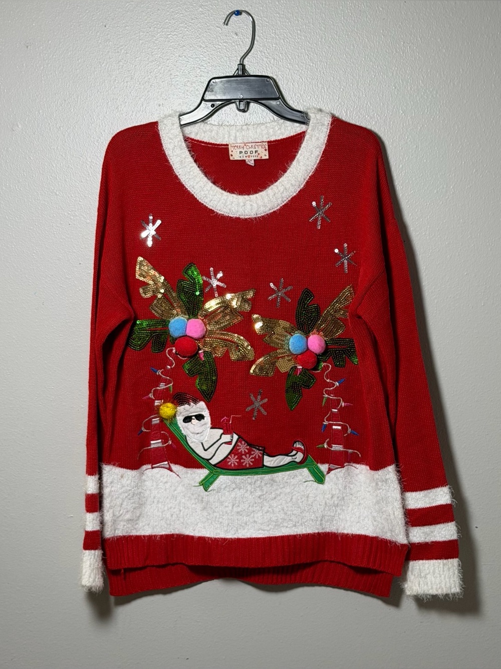 Poof Women Merry Christmas Ugly Sweater Red Holiday Embellished Santa Claus L